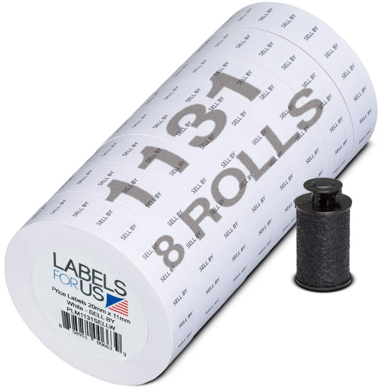 Labels for Us Labels for Monarch 1131 - Sell by Text Printed - White - 20,000 Units - Pack with 8 Rolls - Ink Roller Included - Made by Labels for Us - Image 1